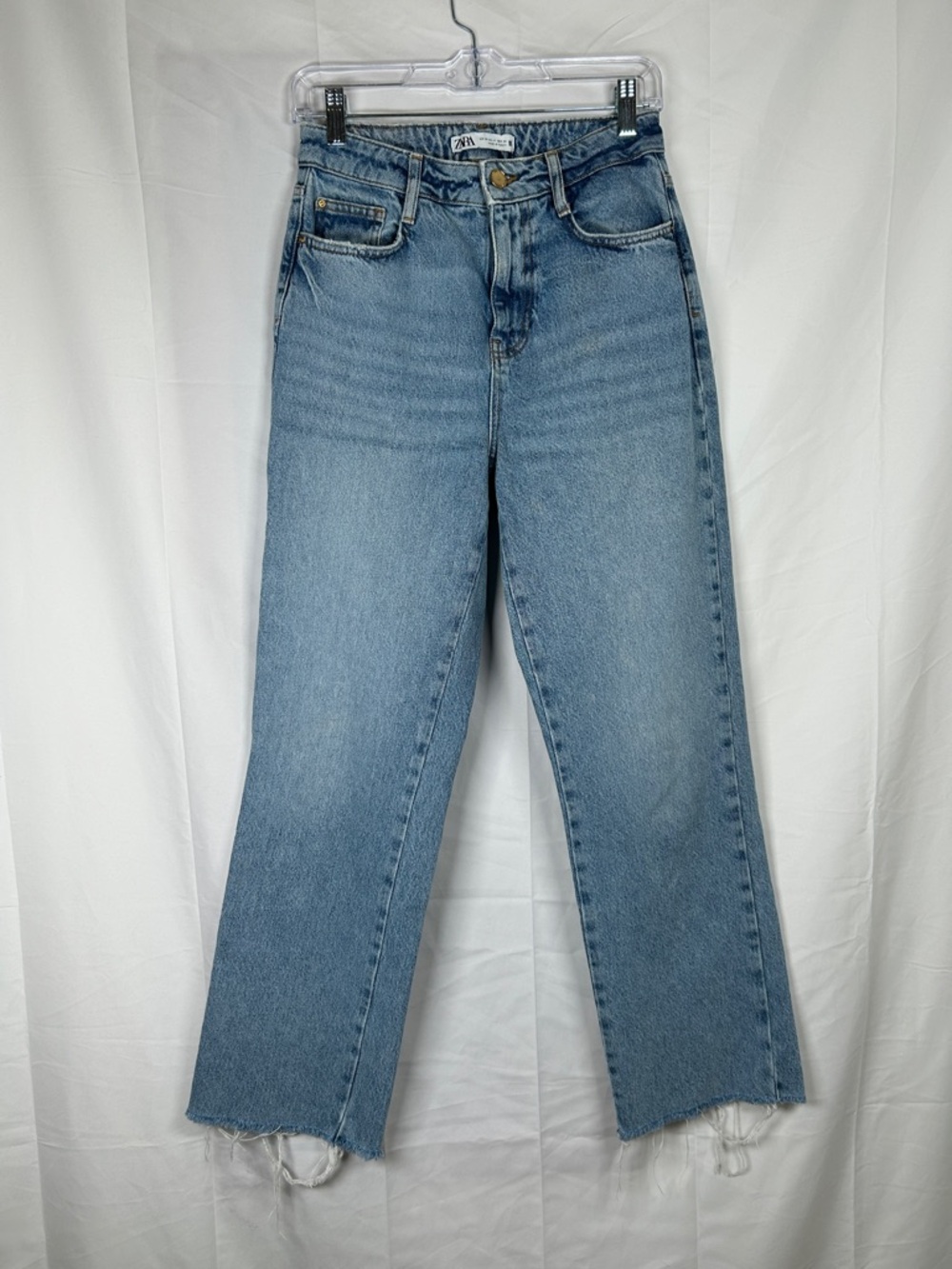 Zara Denim Collection High Rise Straight Leg Jeans Size 4 Blue Frayed Hem